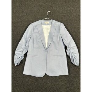 Skies Are Blue Blazer Women Medium Blue Open Front Pockets Preppy Ruched Sleeve